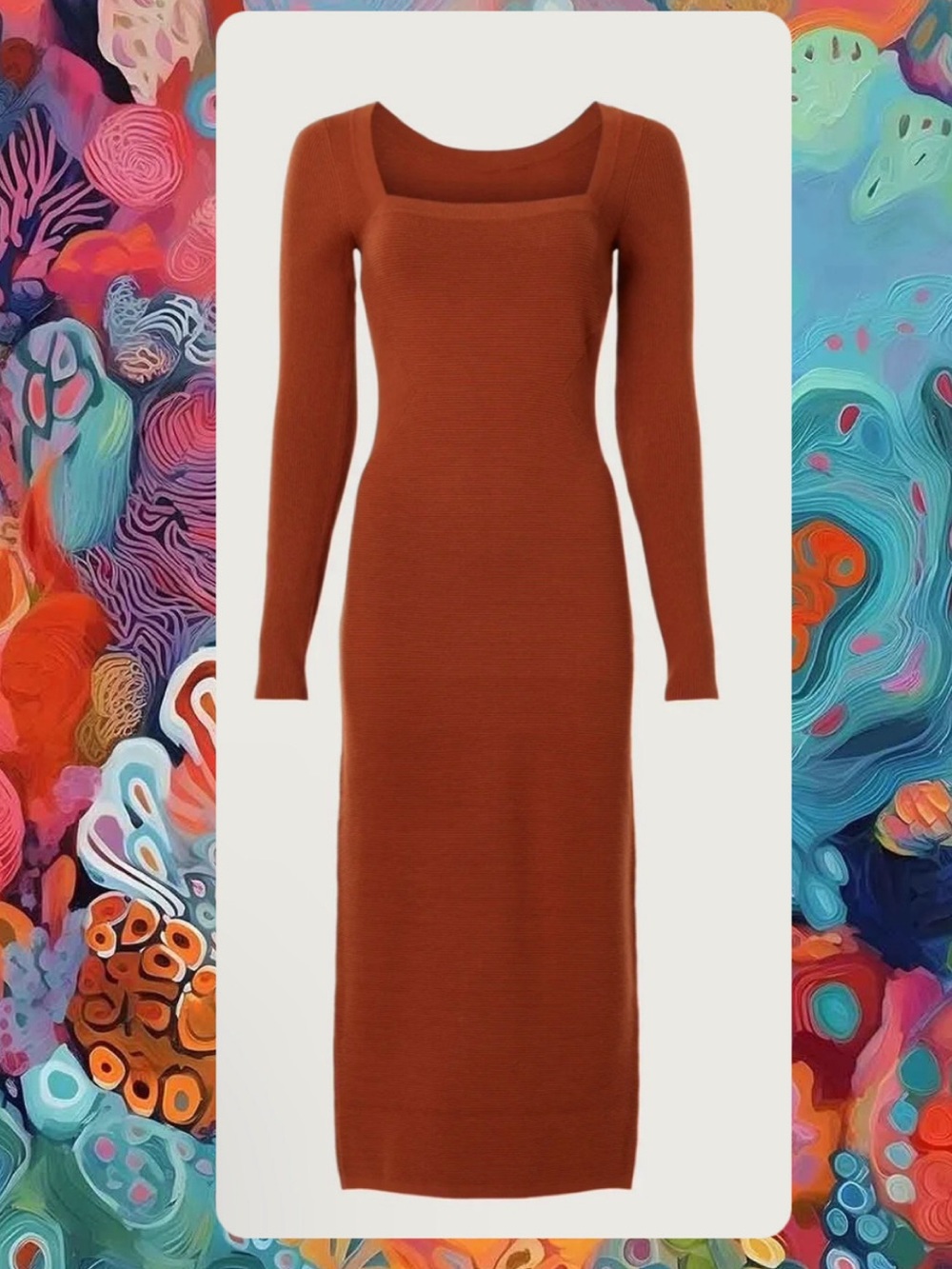Toccin x RTR Square Neck Long Sleeve Knit Midi Bodycon Dress Rust Small $325